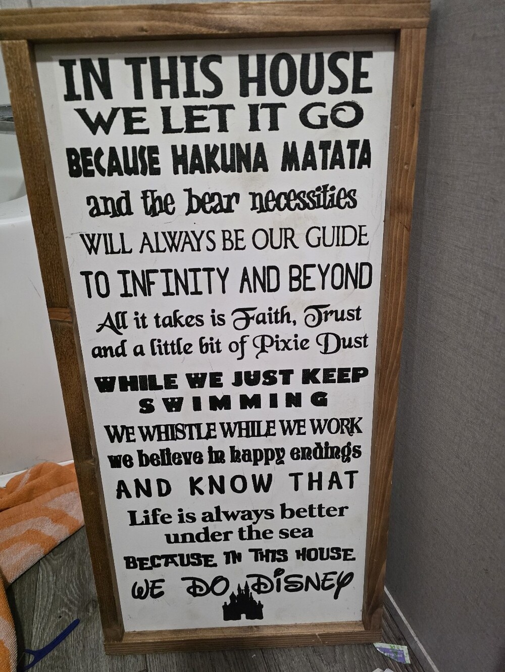 Wood-Framed White and Black Disney-Inspired House Rules Wall Sign